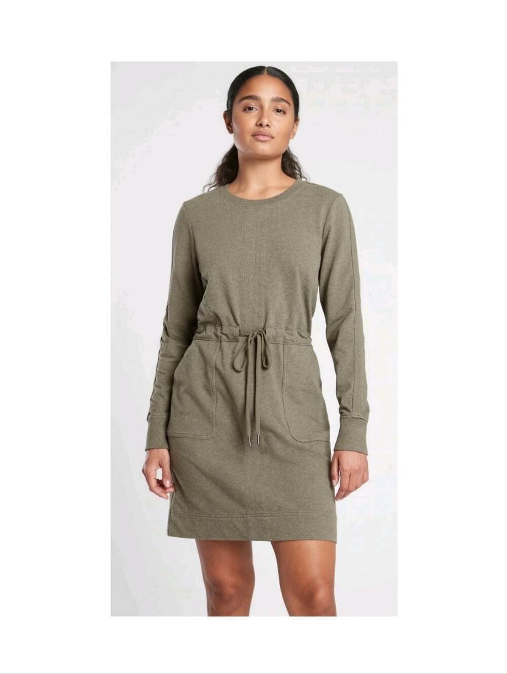 Athleta Farallon Heather Dress NWOT Small Olive Green Drawstring Waist Pockets